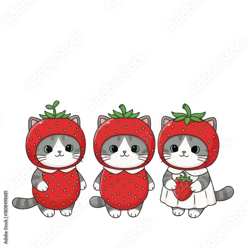 Three cute cats wearing strawberry costumes together.