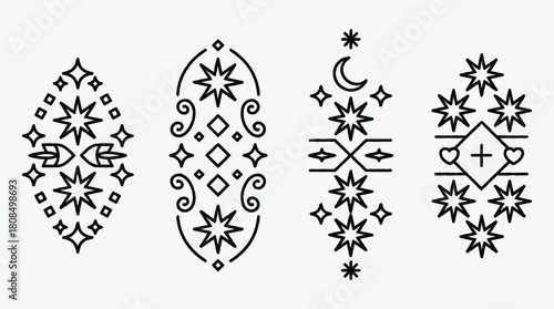 Celestial Star and Moon Geometric Decorative Ornaments with Curlicues and Lines