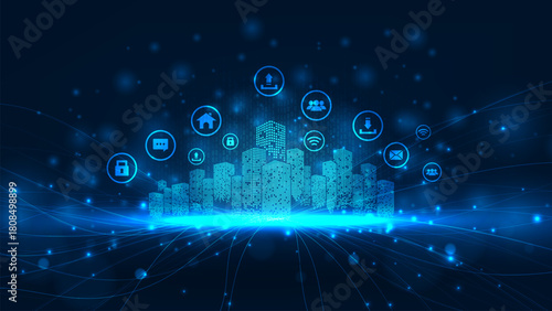 Futuristic  artificial intelligence digital cyber technology concept. IOT connection with circuit on blue background