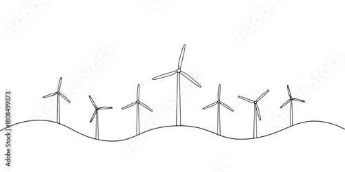 A single continuous line of wind turbines on a hillside, symbolizing renewable energy sources, vector illustrator