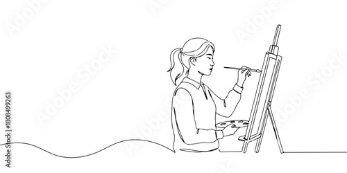 A single continuous line of a creative professional painting on canvas, symbolizing work in the creative industry, vector illustrator