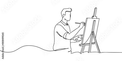 A single continuous line of a creative professional painting on canvas, symbolizing work in the creative industry, vector illustrator