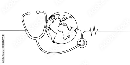 A single continuous line of stethoscope and globe, symbolizing global health issues, vector illustrator