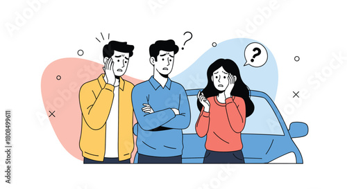 Three worried people standing next to a car with question marks above their heads, looking confused.