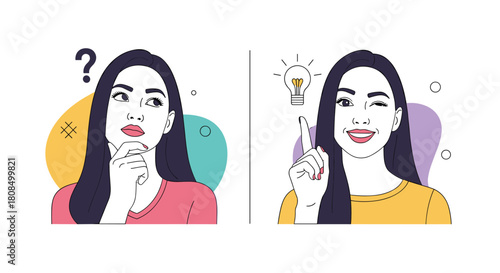 Woman thinking with a question mark, then getting an idea with a lightbulb and a wink.