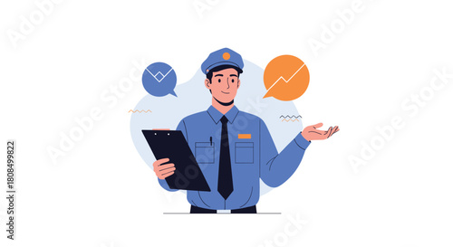 A smiling police officer in uniform holds a clipboard and gestures with his hand.