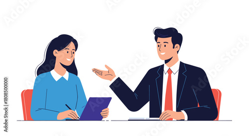 A businesswoman and businessman in a meeting, discussing documents and ideas at a desk.