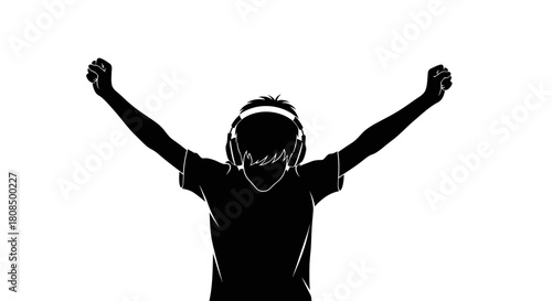 Excited Man with Raised Arms, Music Joy Silhouette, Happy Listener with Headphones