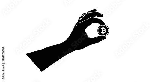 Hand Holding Bitcoin Silhouette, Cryptocurrency Investment Icon, Digital Currency Concept