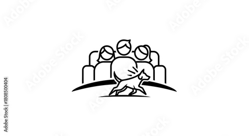 Family Pet Outline Logo, Dog Running in Park with Owners, Pet Care and Adoption Icon