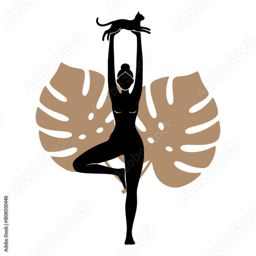 Elegant yoga silhouette of a woman balancing in tree pose while lifting a cat above her head, set against artistic monstera leaves, symbolizing harmony, calm, and nature. Flat vector illustration