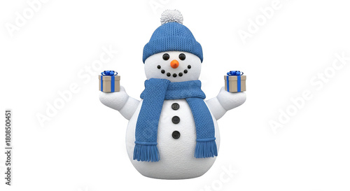 A cheerful snowman with a blue scarf and hat holds two gifts on a transparent background.