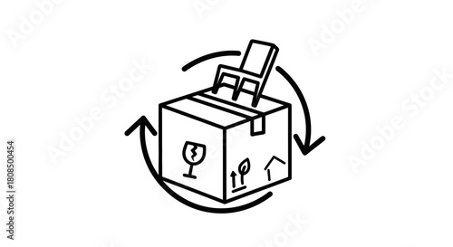 Furniture Shipping and Return Cycle, Recycling Moving Box Icon, E-commerce Logistics Outline