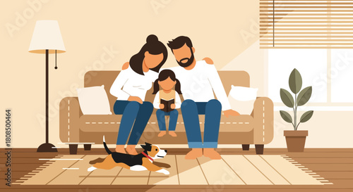Family Reading on Sofa Illustration, Parents and Child with Pet Dog, Cozy Home Life