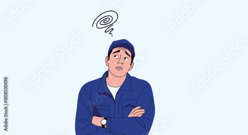A confused man in work clothes with his arms crossed looks upwards at a swirl graphic indicating confusion.