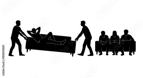 Furniture Moving and Relaxation Silhouette, People Moving Sofa and Resting, Home Relocation and Comfort