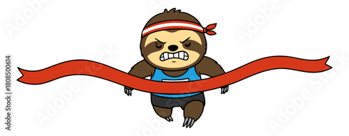 Angry determined sloth running in a marathon and breaking through the finish ribbon with full effort, showing strength, focus, and funny competitive energy. Flat vector illustration