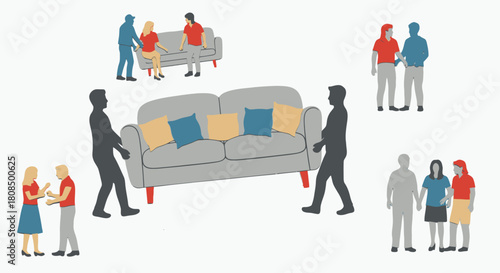 Furniture Movers Carrying Sofa, Household Moving Service Illustration, Home Relocation and Logistics