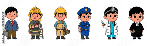 Set of six cute kids dressed as a businessman, firefighter, construction worker, police officer, doctor, and judge, showing different professions and career role-play fun. Flat vector illustration