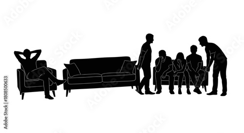 Group Therapy or Meeting Silhouette, Couch and Armchair Seating Arrangement, Social Interaction Outline