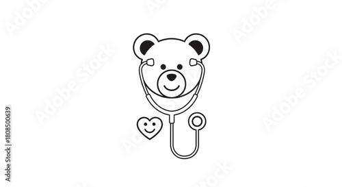 Pediatric Care Teddy Bear Outline, Children's Doctor Logo, Bear with Stethoscope and Heart