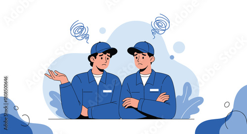 Two confused workers in blue uniforms and caps looking troubled, with swirling lines above their heads.