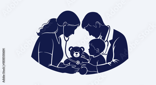Pediatrician Examining Teddy Bear Silhouette, Child Doctor Consultation Icon, Pediatric Care Symbol