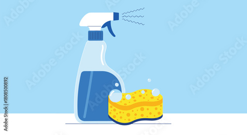A blue spray bottle with cleaning liquid next to a yellow sponge with bubbles on a light blue background.