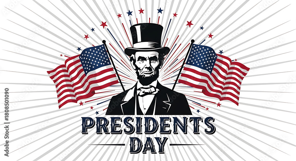 Obraz premium Presidents day illustration with abraham lincoln and american flags on white