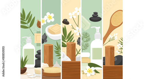 Organic spa and beauty collage, Natural products vertical banner, Skincare ingredients illustration