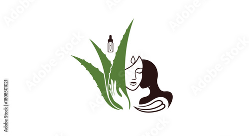 Aloe vera beauty logo, Natural skincare concept illustration, Woman's profile and hand logo