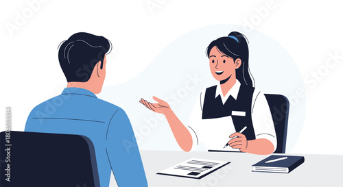 A woman in a vest and white shirt is interviewing a man in a blue shirt, discussing documents on a table.
