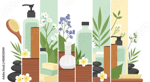 Natural cosmetic display collage, Vertical spa product arrangement, Green organic beauty illustration