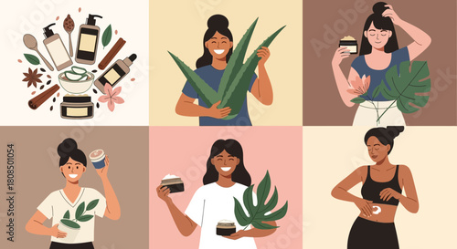Women and natural skincare collage, Organic beauty with aloe vera, Herbal cosmetic products illustration
