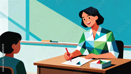 Illustration Of A Teacher Smiling While Correcting A Student's Assignment Vector Design Template