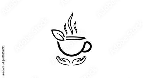 Line art tea cup and leaf logo, Minimalist hot beverage icon, Hands protecting warm drink symbol