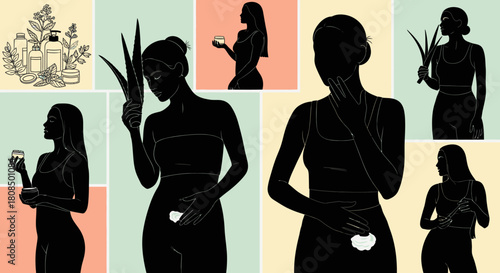Herbal beauty collage silhouette, Natural body lotion application, Skincare routine illustration