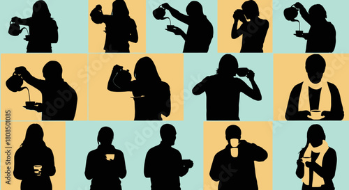 Tea drinking silhouette collage, People enjoying warm beverages, Monochrome hot drink lifestyle banner