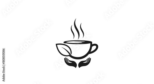 Organic tea cup logo, Hands holding herbal hot drink icon, Healthy beverage minimalist design
