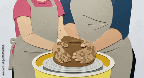 Couple working on pottery wheel, Hands making clay pot paper cut, Ceramics class and crafting art