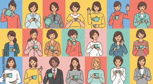 Women drinking and serving tea, Colorful portrait collage, Diverse women and teapots