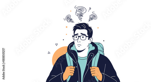 Young man wearing glasses and backpack looks confused with swirling thoughts above his head.