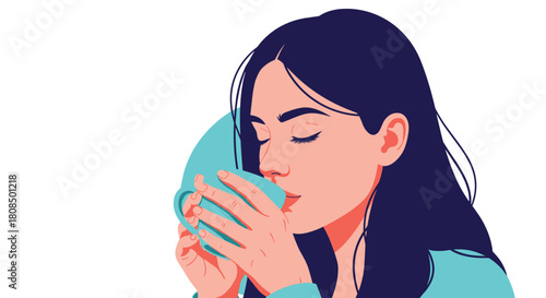 A young woman with dark hair closes her eyes as she drinks from a teal mug.