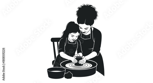 Mom and girl making clay pot, Black and white pottery class, Parent and child on pottery wheel