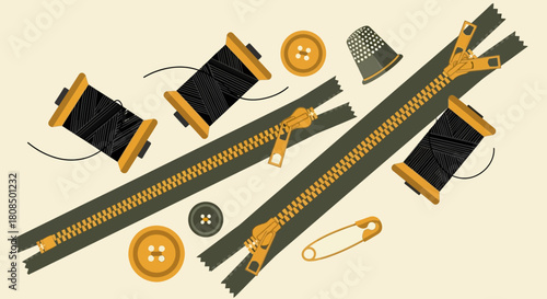 Bright colored sewing equipment, Tailoring and repair illustration, Zippers and spools of thread