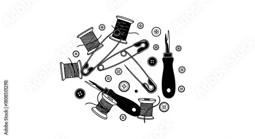 Circular Arrangement of Sewing Items, Black and White Tailor's Tools Collage, Minimalist Craft Supplies