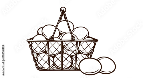 Outline Drawing of Shopping Basket with Eggs, Hand Drawn Easter Basket, Line Art Farm Products