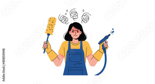 Frustrated woman in apron and yellow gloves holding a duster and a spray gun with water droplets above her head.