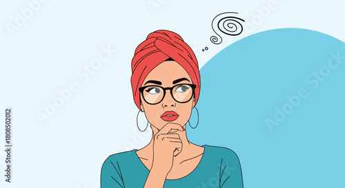 Woman in a red turban and glasses, with a hand on her chin, thinking with swirl thought bubble.