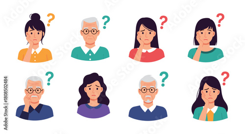 Collection of diverse people looking confused with question marks above their heads.